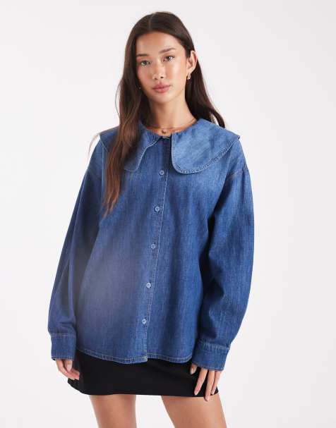 ONLY - Blusa in denim con colletto ampio blu medio - view 1