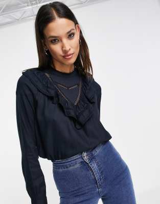 Only - Blusa nera con dettaglio in pizzo e volant 