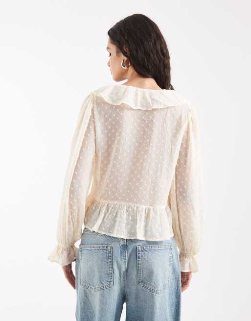 Only - Blusa testurizzata bianca con volant, 4 di 4