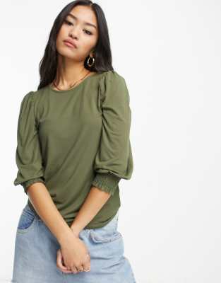 Only – Bluse in Khaki mit Puffärmeln