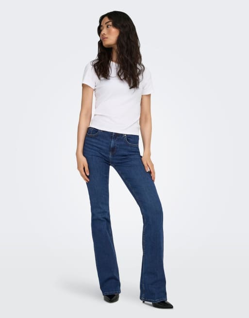 ONLY Blush jeansy dzwony ze średnim stanem i stretchem w ciemnoniebieskim denimie, 3 z 7