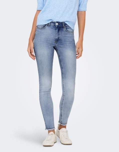 ONLY Blush mid rise skinny ankle length raw hem jeans in blue denim - view 1