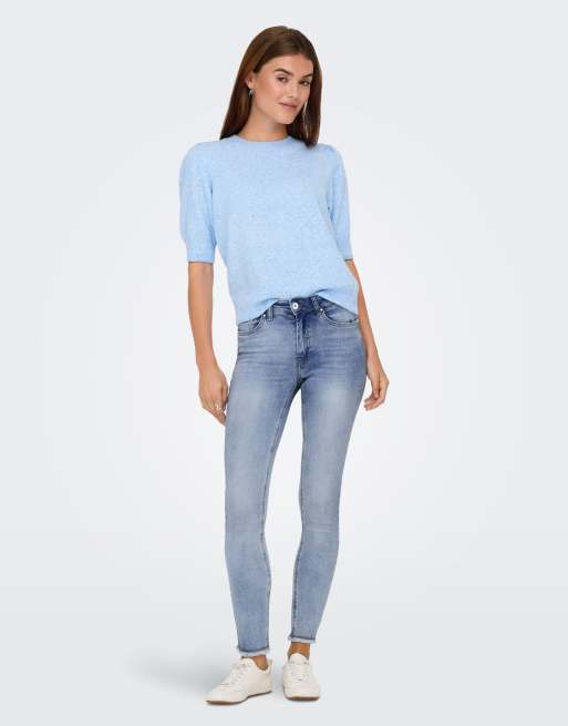 ONLY Blush mid rise skinny ankle length raw hem jeans in blue denim, 3 of 7