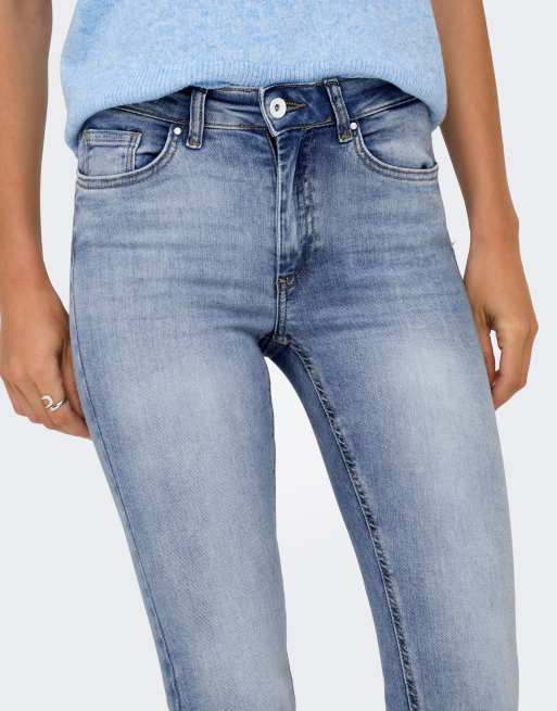 ONLY Blush mid rise skinny ankle length raw hem jeans in blue denim, 4 of 7