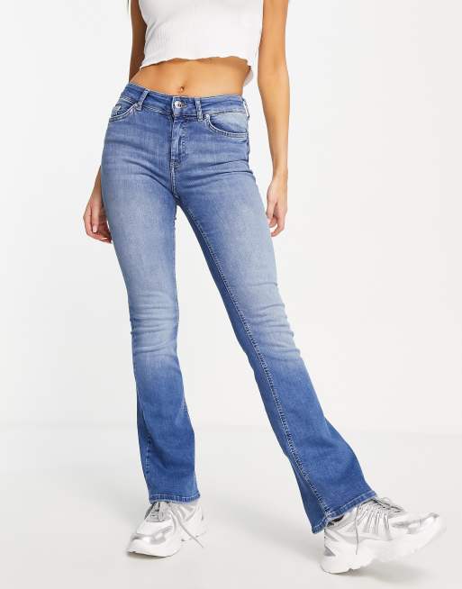 Only Blush Mid Rise Flared Jeans in Medium Blue Denim