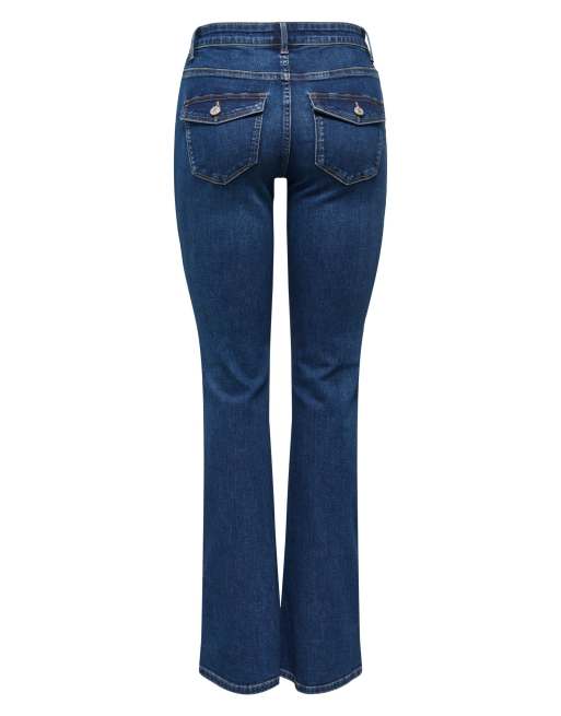 ONLY Blush mid waisted flared back pocket detail jeans in blue denim, 7 of 7