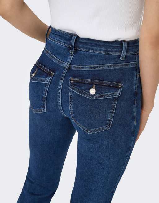 ONLY Blush vaqueros acampanados elásticos de talle medio en denim azul oscuro, 5 de 7