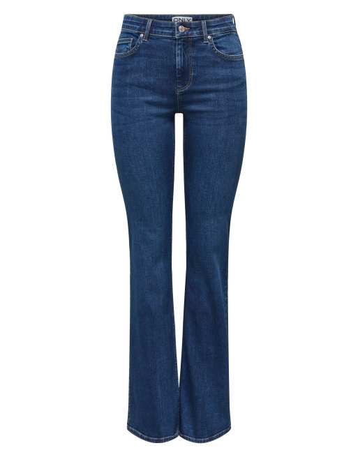 ONLY Blush vaqueros acampanados elásticos de talle medio en denim azul oscuro, 6 de 7