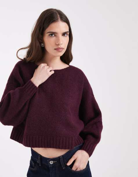 ONLY boat neck balloon sleeve knit jumper in burgundy - view 1