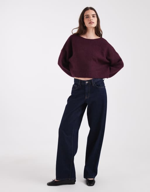 ONLY boat neck balloon sleeve knit jumper in burgundy, 3 of 4