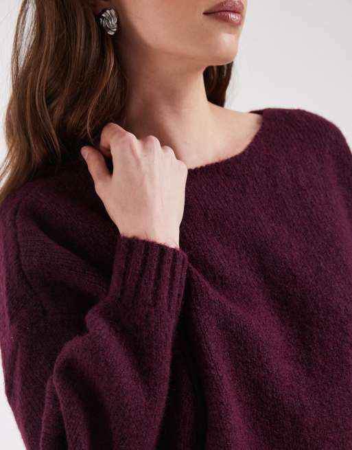 ONLY boat neck balloon sleeve knit sweater in burgundy, 2 of 4