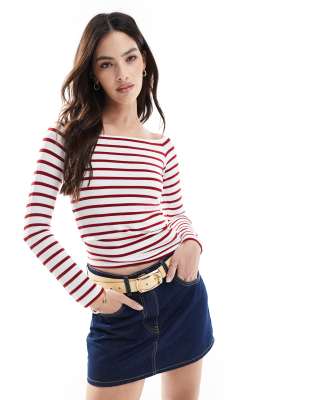 boat neck long sleeve top in red stripe-White