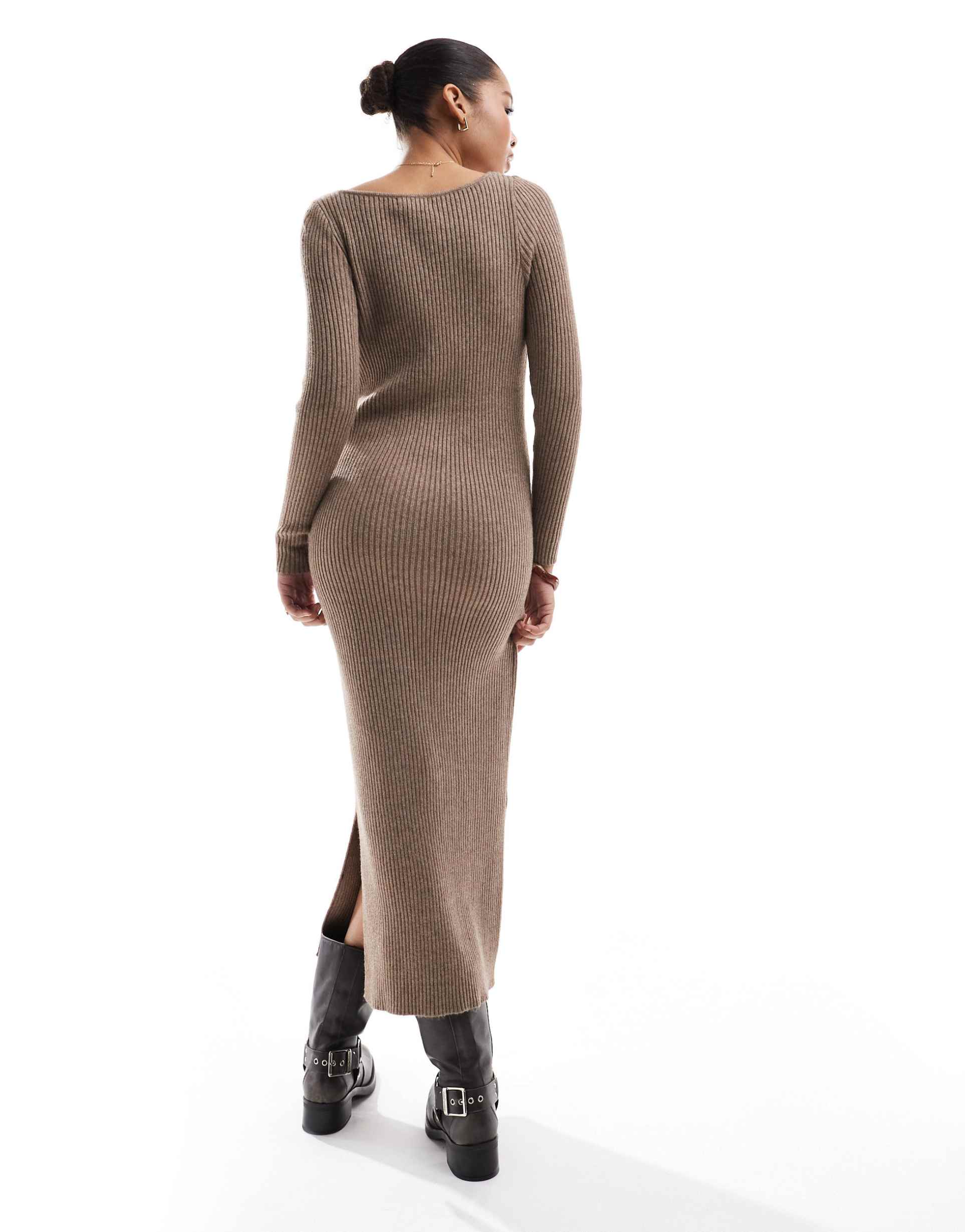 only boat neck ribbed midaxi dress in beige