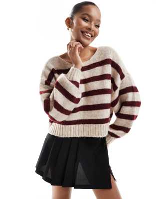 Only Boat Neck Stripe Sweater In Cream And Red-white