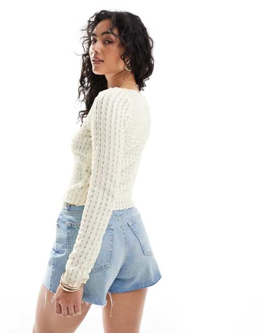 ONLY boat neck textured crop top in light yellow, 4 of 4