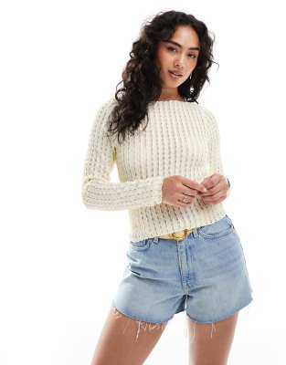 ONLY ONLY boatneck textured crop top in light yellow