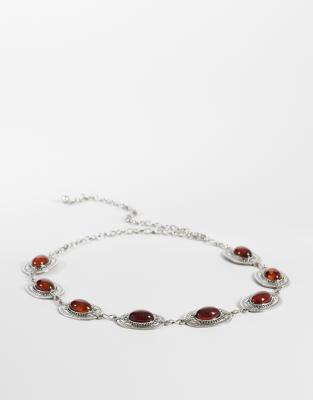 Only Boho Chain Belt With Brown Stones In Silver