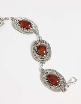 Only Boho Chain Belt With Brown Stones In Silver
