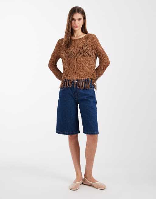 ONLY boho fringe detail crochet top in brown, 4 of 4