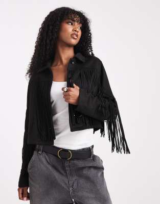 Only Boho Fringe Detail Faux Suede Jacket In Black