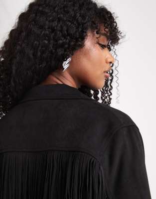 Only Boho Fringe Detail Faux Suede Jacket In Black