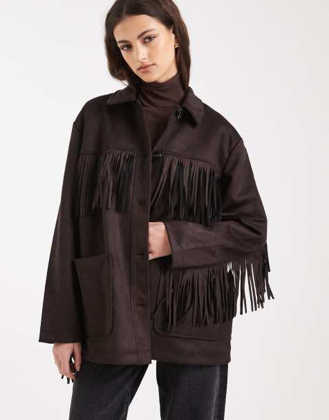 ONLY boho fringe detail faux suede jacket in chocolate brown