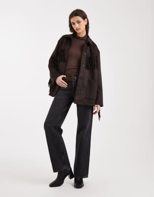 Only Boho Fringe Detail Faux Suede Jacket In Brown
