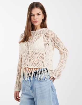 Only Boho Fringe Detailing Crochet Top In Neutral