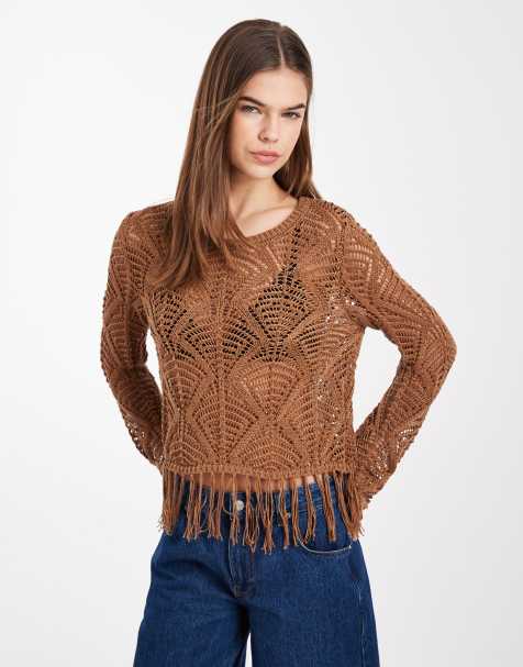 ONLY boho fringe detailing crochet top in brown - view 1