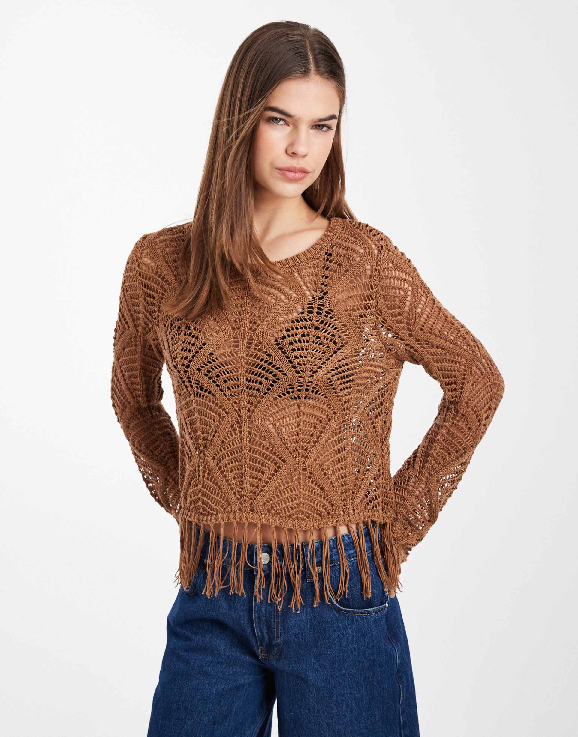 only boho fringe detailing crochet top in brown