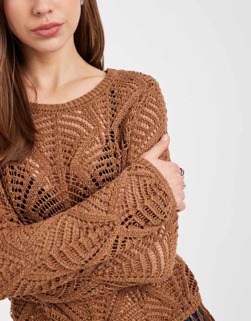 ONLY boho fringe detailing crochet top in brown, 2 of 4