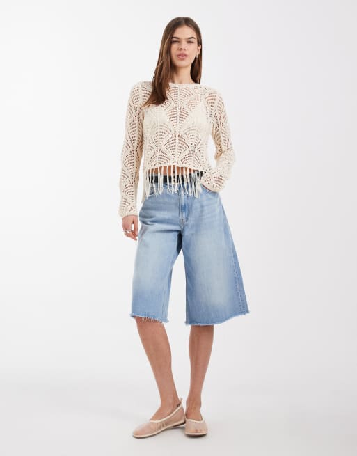 ONLY – Boho-Oberteil aus Häkelstoff in Beige mit Fransen, 2 von 4