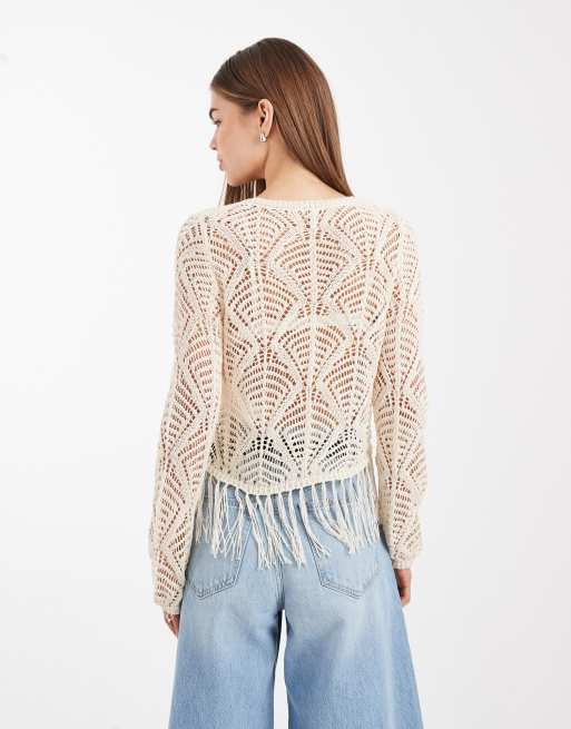 ONLY – Boho-Oberteil aus Häkelstoff in Beige mit Fransen, 4 von 4