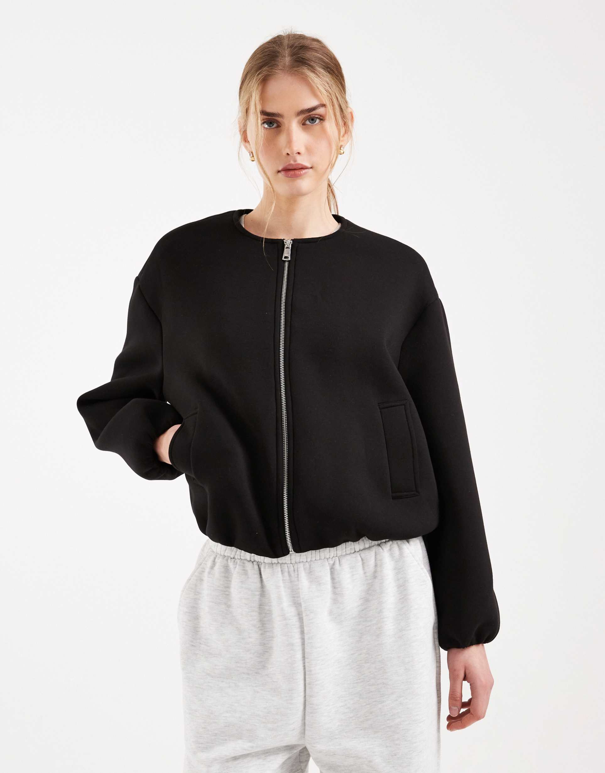 only bomber jacket in black scuba-style fabric