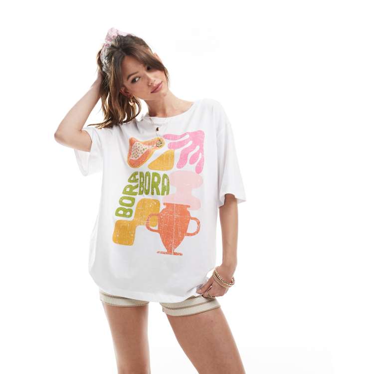 ONLY Bora Bora graphic oversized fit t-shirt in white ASOS