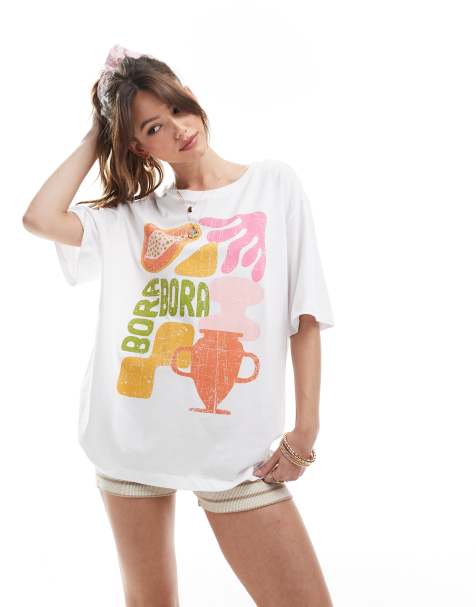 ONLY – Bora Bora – Vit t-shirt i oversize med tryck - view 1