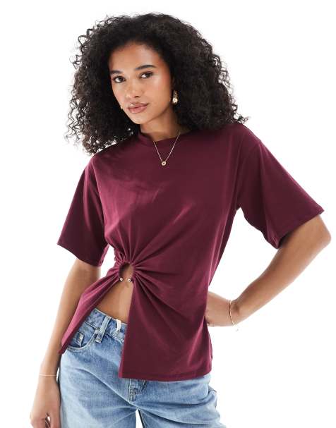 Only - Bordeaux T-shirt med ringdetalje og rynker - view 1