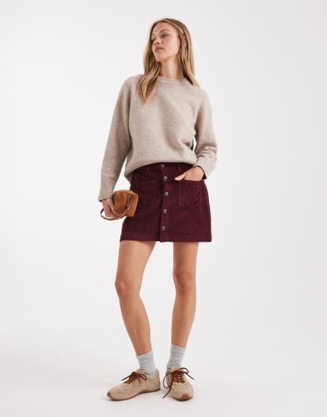 ONLY high waist cord skirt in burgundy