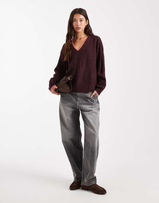 ONLY – Bordowy sweter z kontrastowym szwem, 3 z 4