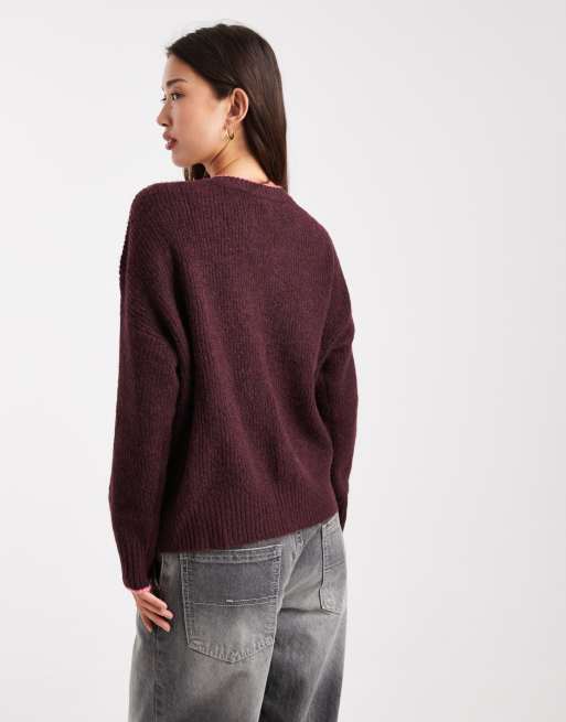 ONLY – Bordowy sweter z kontrastowym szwem, 4 z 4