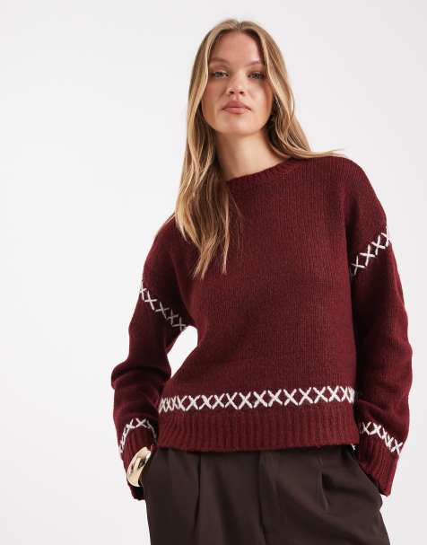 ONLY contrast details round neck jumper in burgundy