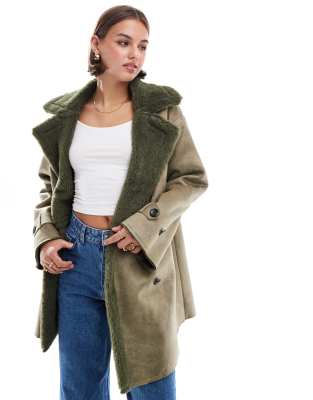 ONLY ONLY borg aviator coat in olive green