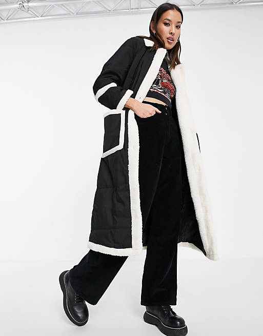 Coats & Jackets Only borg trim padded maxi coat in black 
