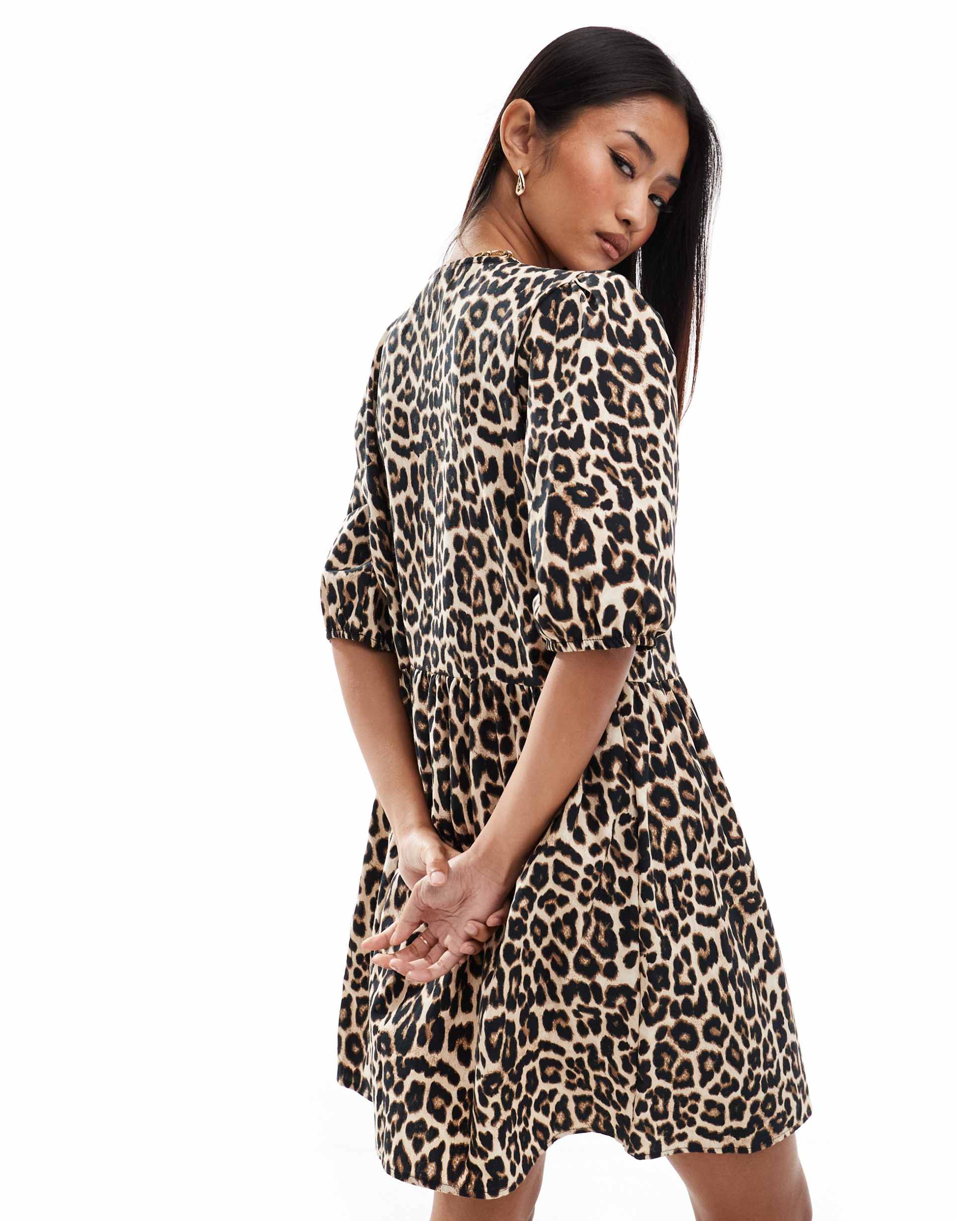 only bow detail puff sleeve mini dress in leopard print