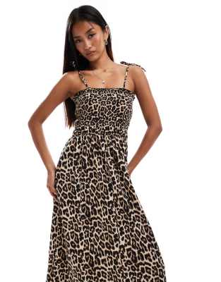 bow detail smock maxi dress in leopard print-Brown