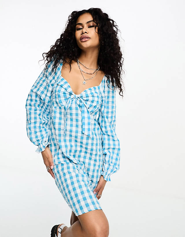ONLY - bow detail smock mini dress in blue gingham