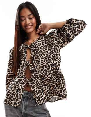 Only Bow Detail Top In Animal Print-brown