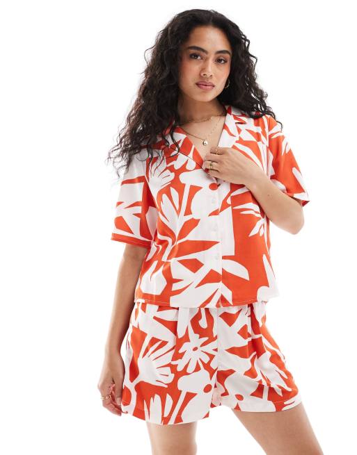 Only - Bowling overhemd met abstracte bloemenprint in rood, deel van co-ord set 