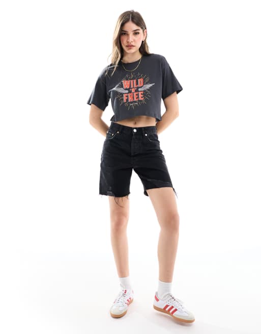 ONLY boxy crop t-shirt with wild print in washed grey , 3 of 4