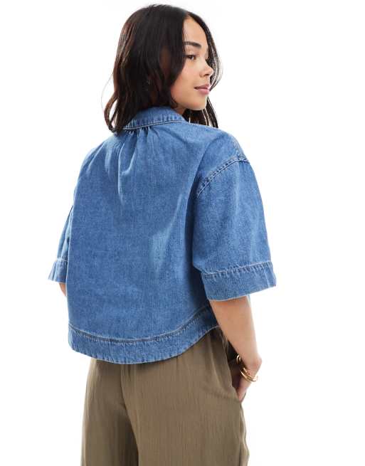 ONLY boxy cropped denim shirt in light wash blue | ASOS